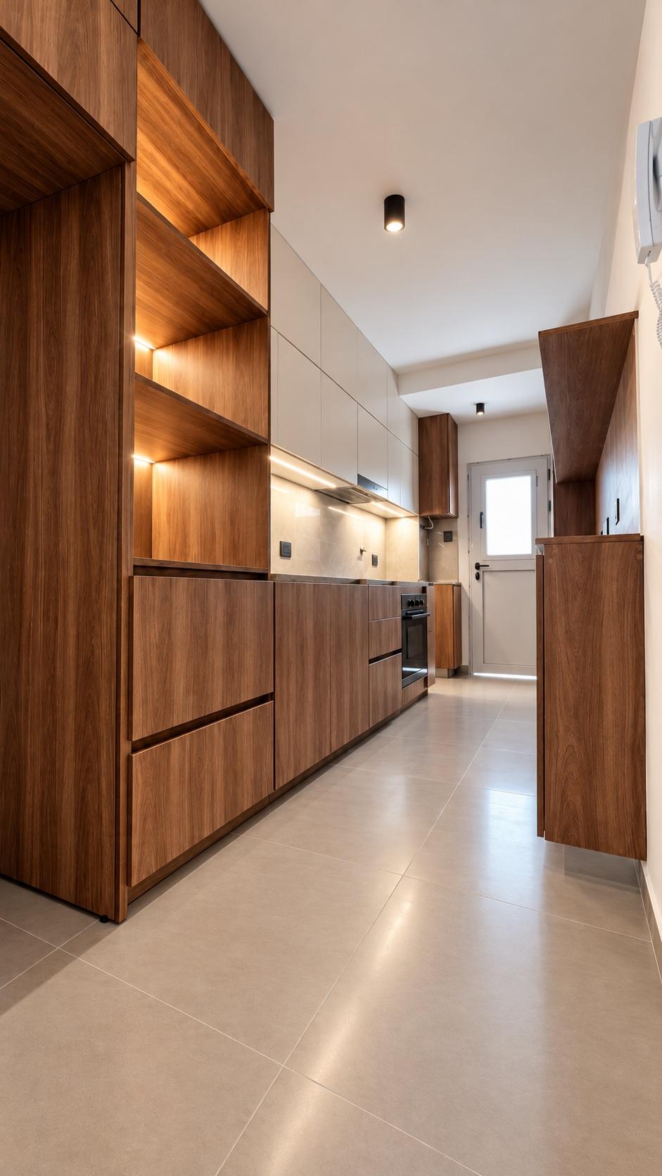 Cocina galera en nogal con alacenas blancas y luz LED