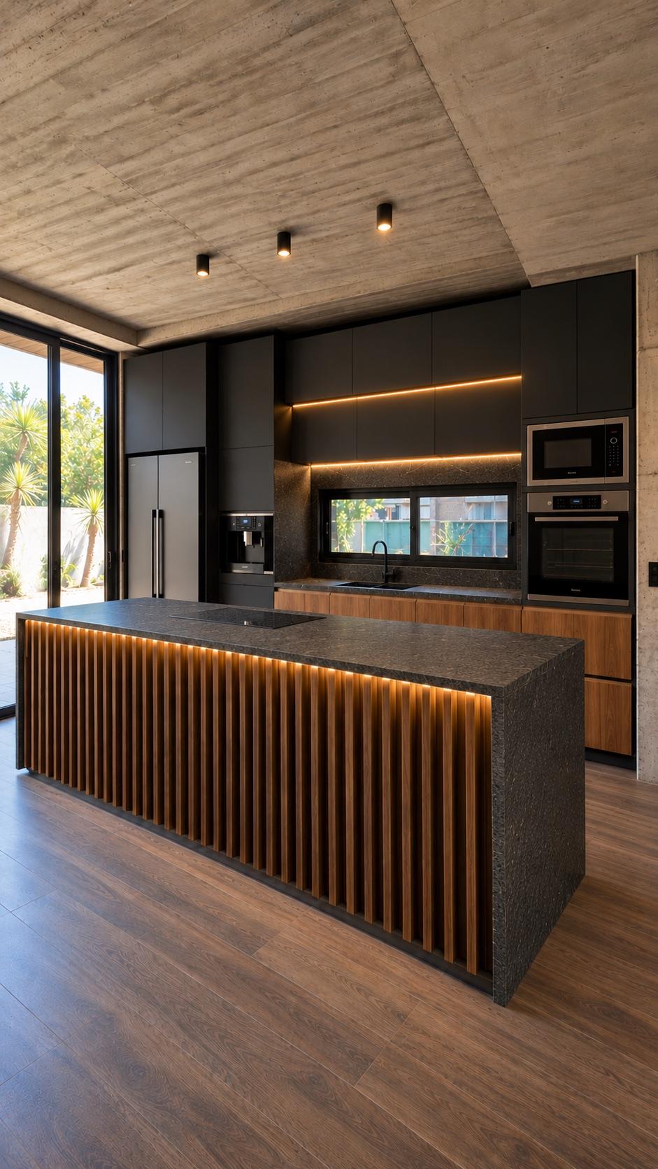 Cocina negra con isla de listones de madera y mesada de piedra oscura