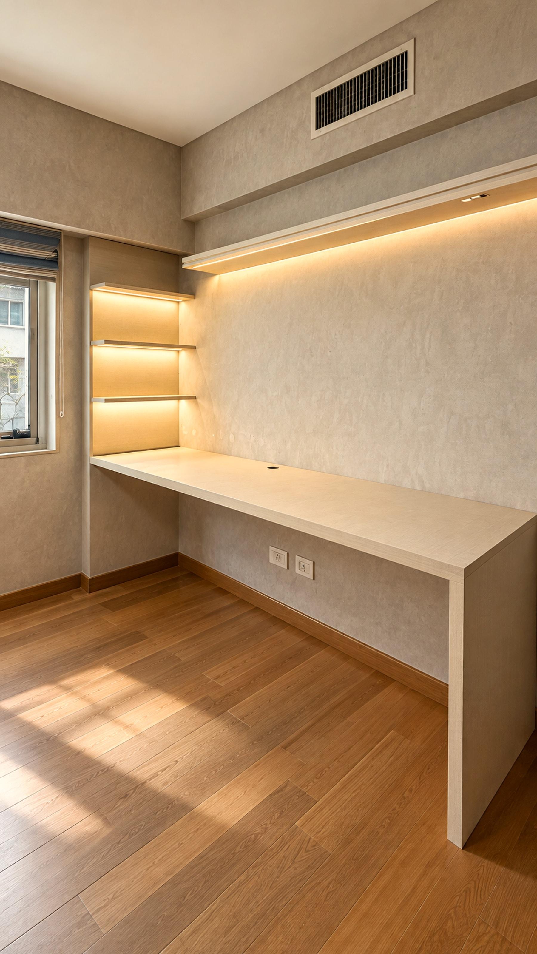 Escritorio a medida con estantes flotantes y luz LED integrada