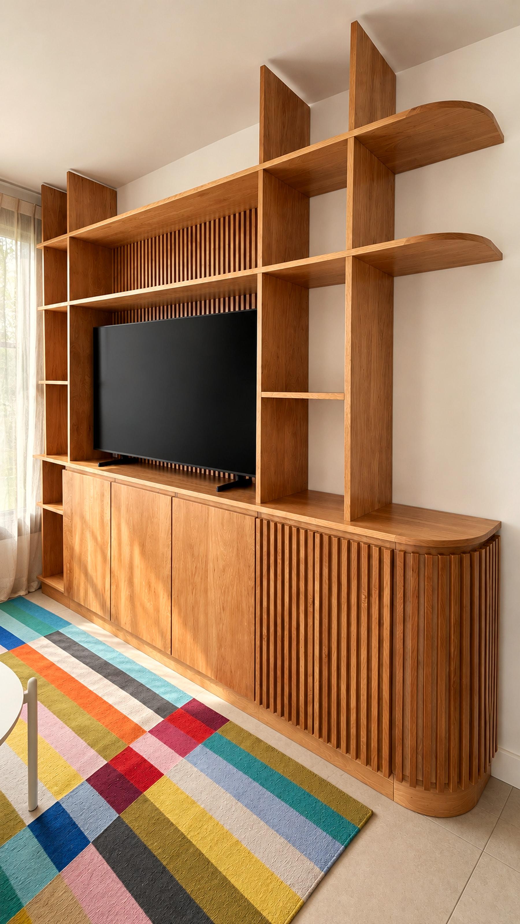 Rack de TV en madera con estantes curvos y frente ranurado
