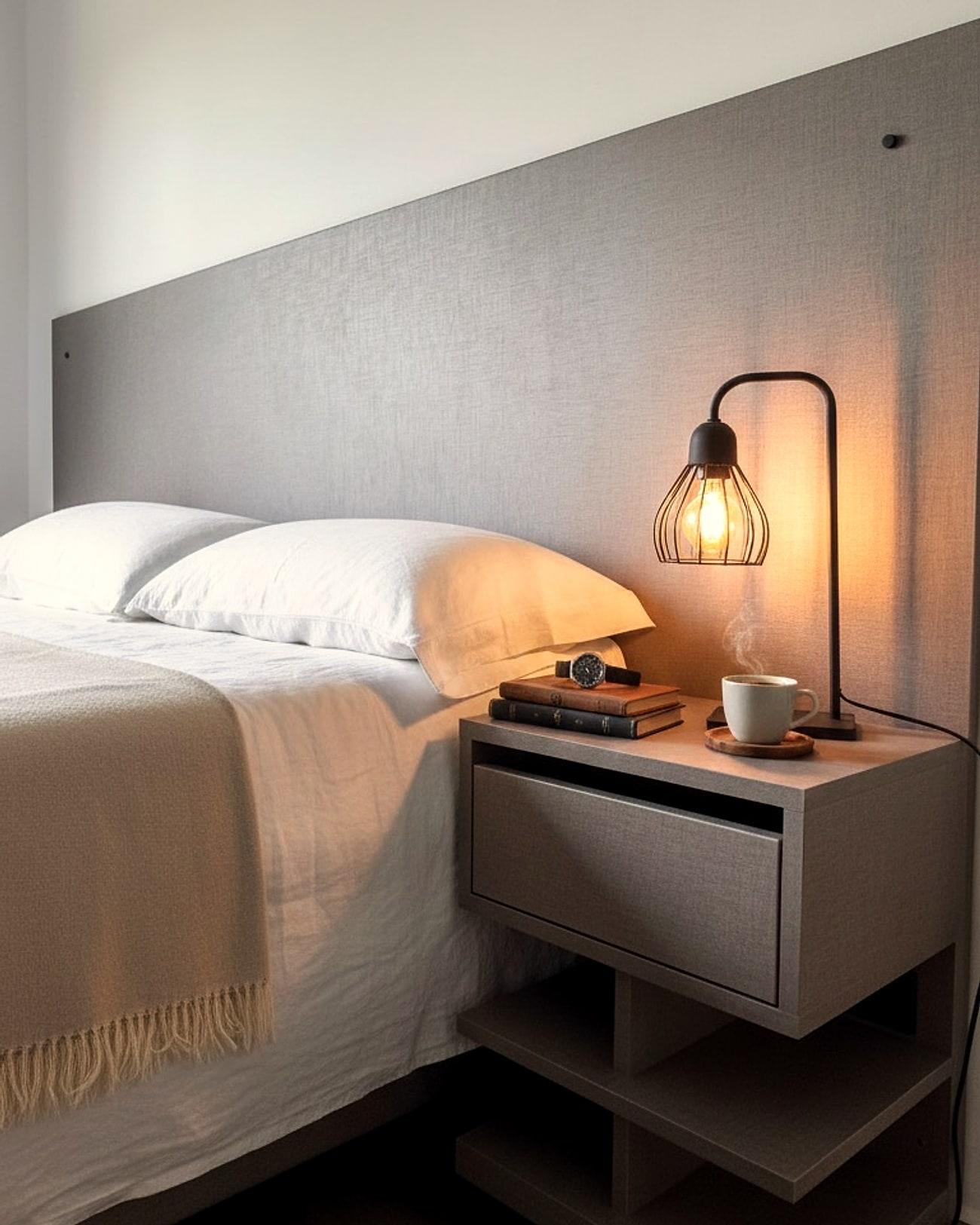 Respaldo de cama con mesa de luz flotante